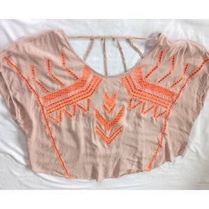 Lush Women's Tops Open back Blouse Crochet Breathable Mesh sz Large Beige Orange